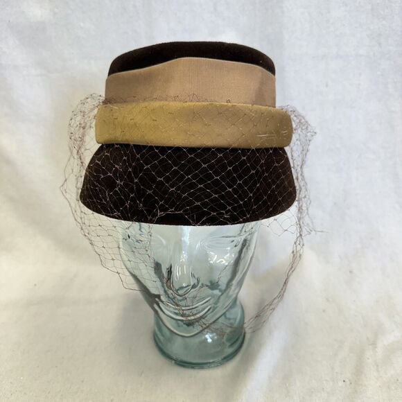 Corona Vintage 50s 60s Brown Velvet Pillbox Cloche Hat With Ribbon Band And Veil main image 14